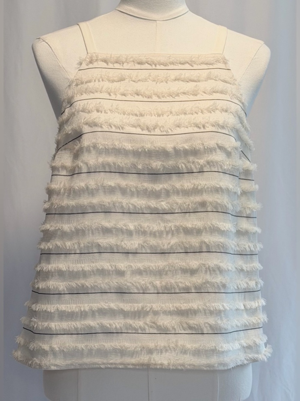 Anthropologie Maeve Quinn Fringe Top Size 6 Cream Black Stripe Boho